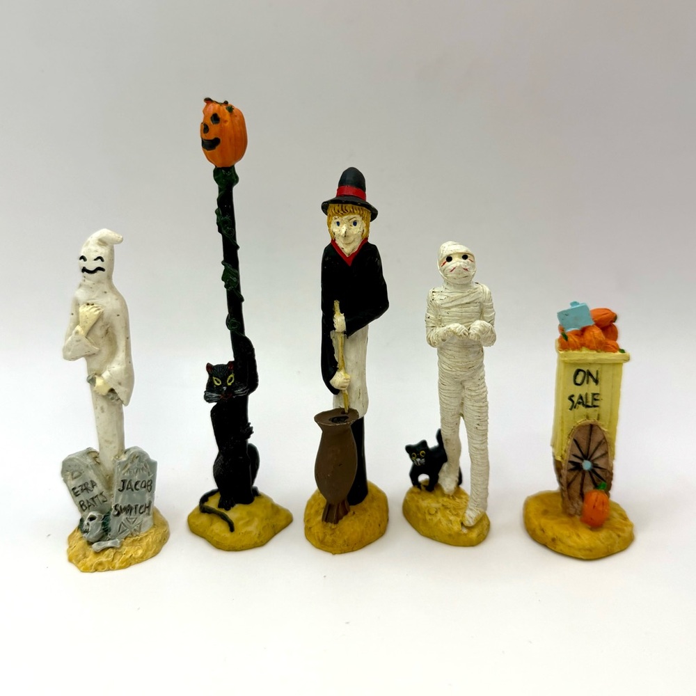 Vintage 5 Skinny Halloween Figurines Cat, Skeleton, Ghost, Pumpkin Cart & Witch